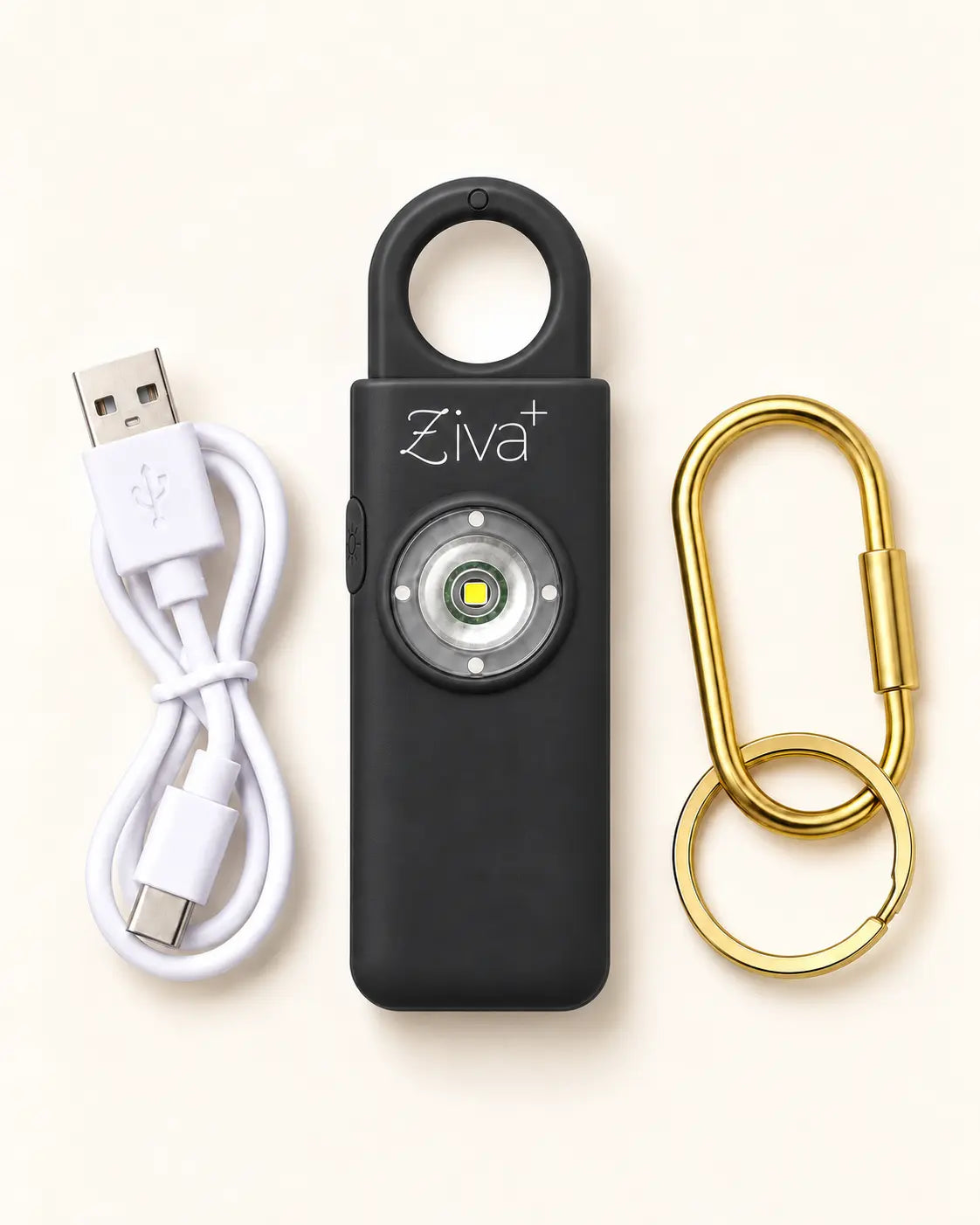 Black Ziva+ SOS Safety Alarm with gold-tone carabiner and USB-C charging cable