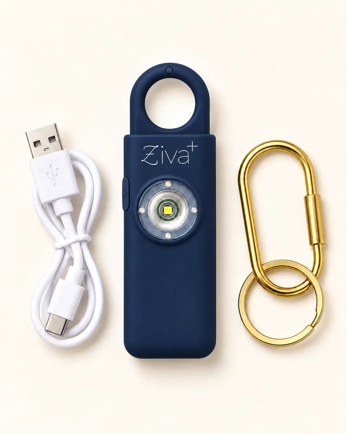 Navy blue Ziva+ SOS Safety Alarm with gold-tone carabiner and USB-C charging cable