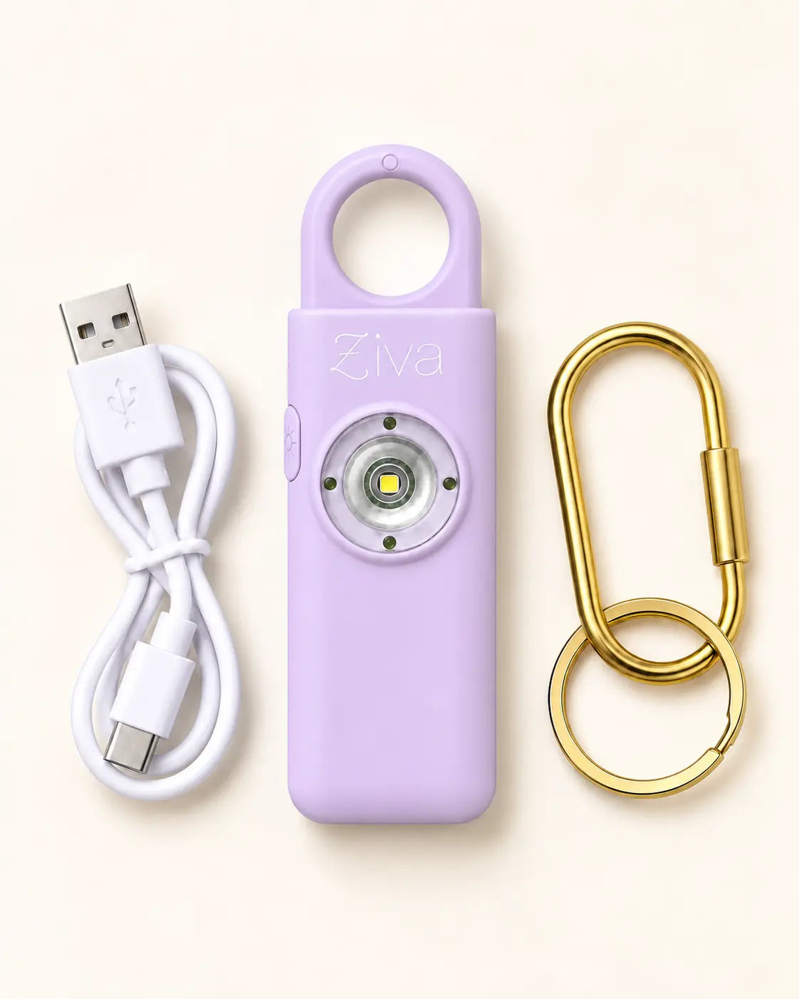 Lavender Ziva Safety Alarm with gold-tone carabiner and USB-C charging cable