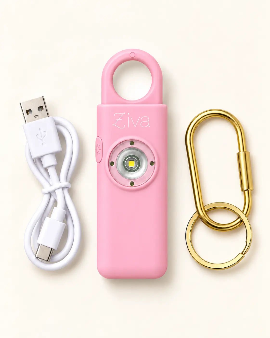 Pink Ziva Safety Alarm with gold-tone carabiner and USB-C charging cable