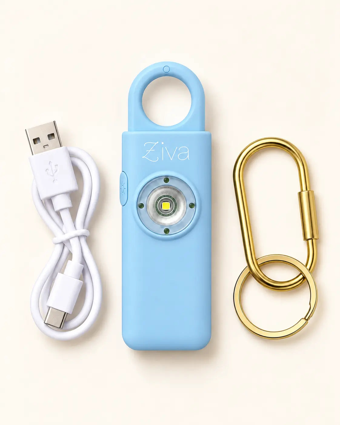 Sky blue Ziva Safety Alarm with gold-tone carabiner and USB-C charging cable