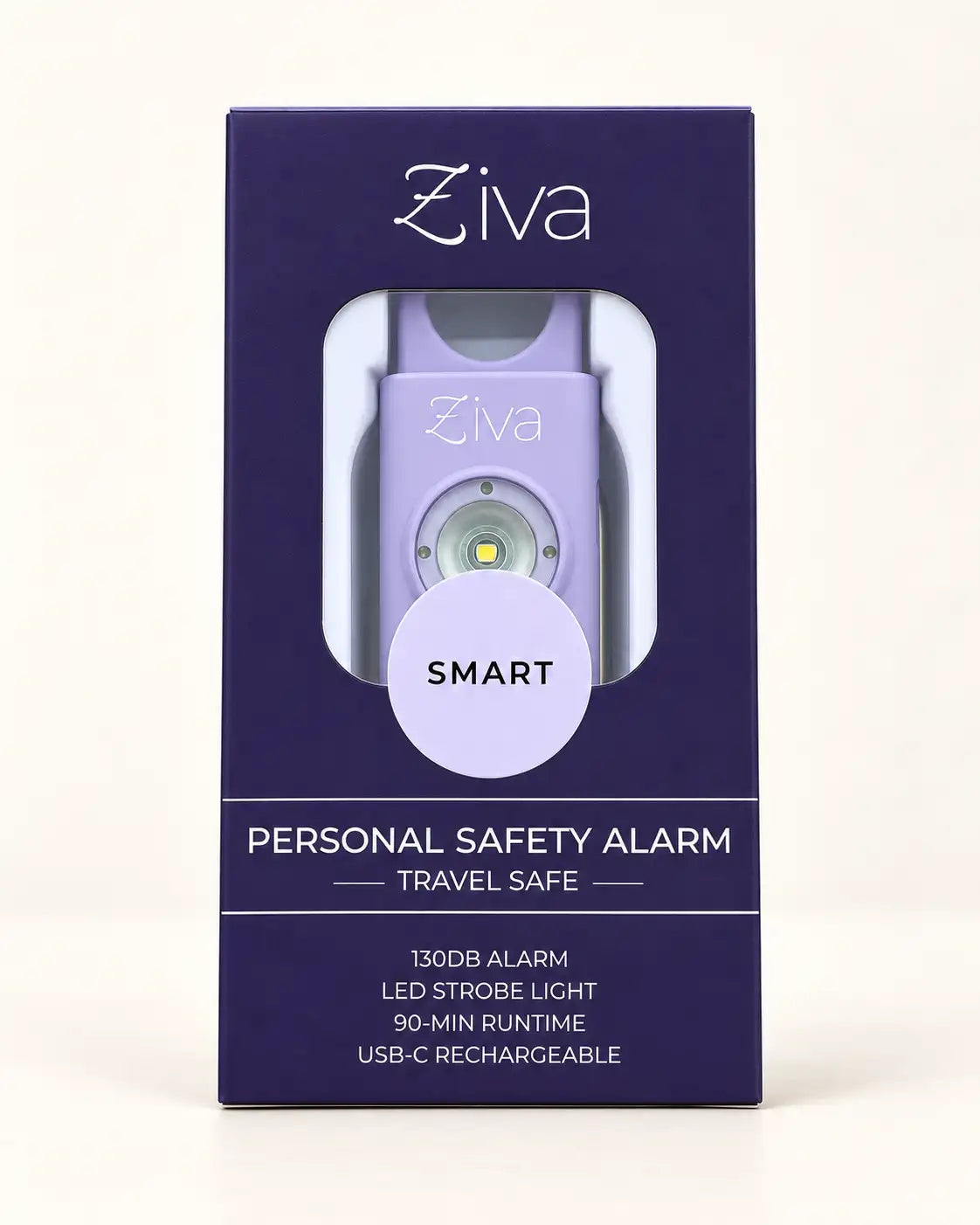 Ziva Safety Alarm in lavender in its retail box