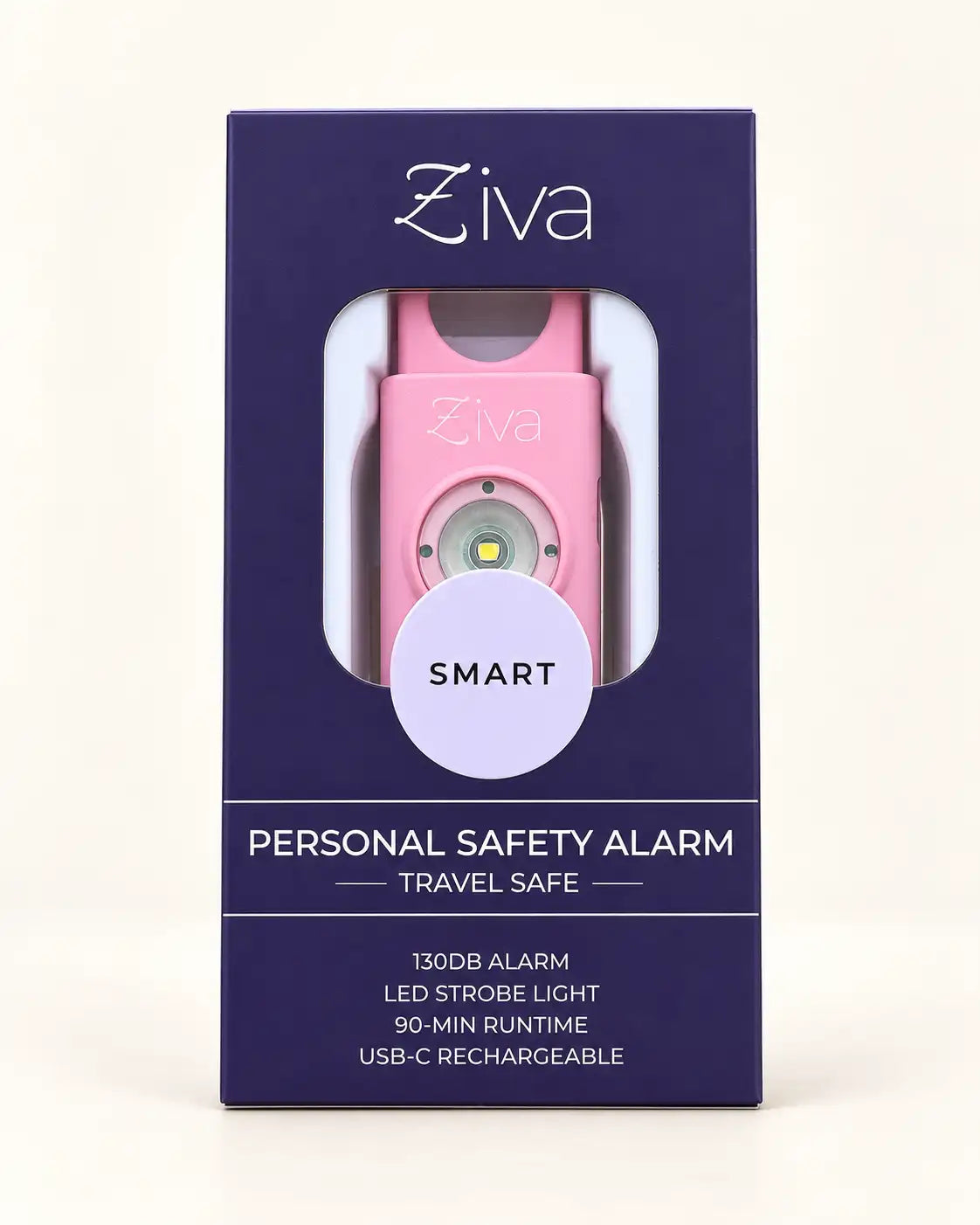 Ziva Safety Alarm in pink in its retail box