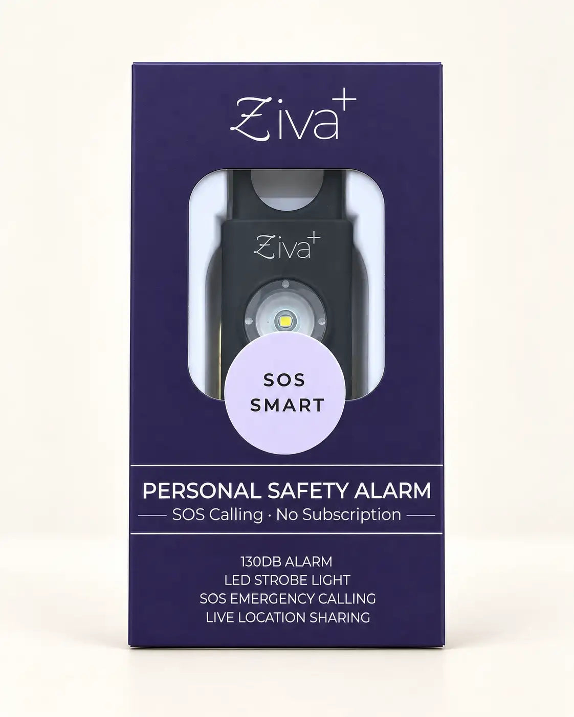 Ziva+ SOS Safety Alarm in black in its retail box