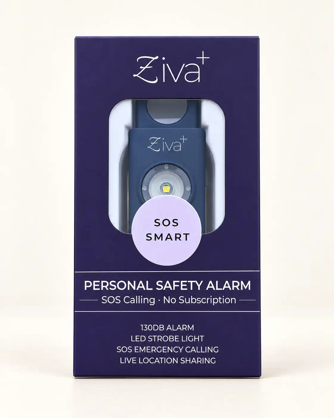 Ziva+ SOS Safety Alarm in navy blue in its retail box