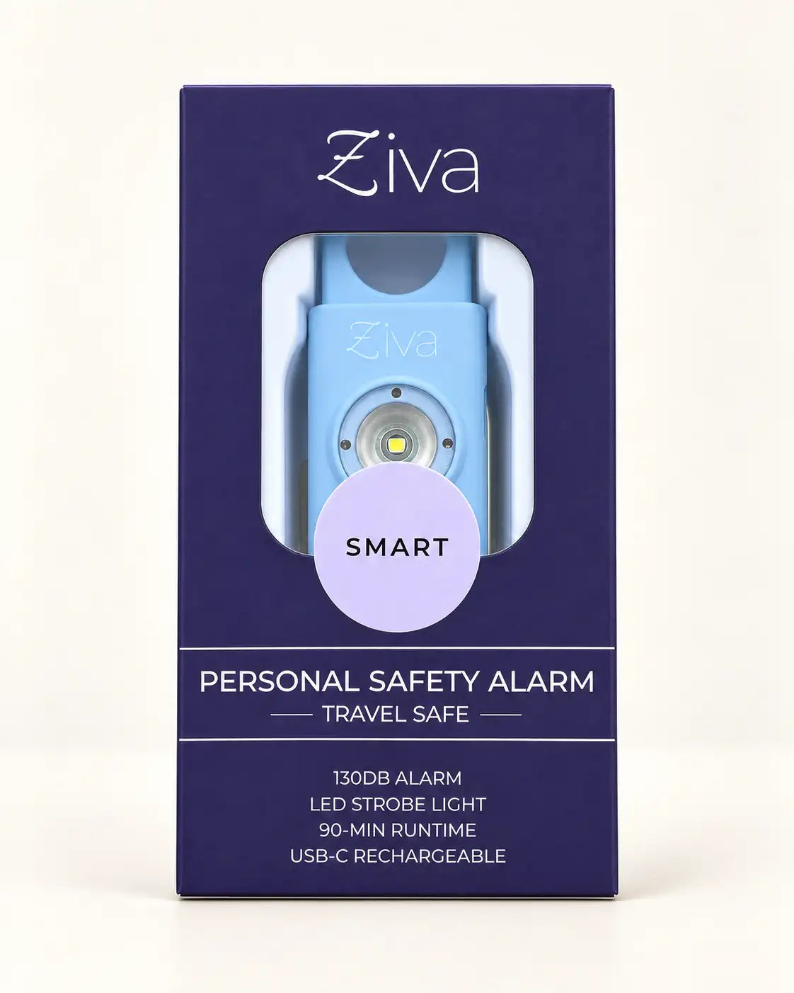 Ziva Safety Alarm in sky blue in its retail box